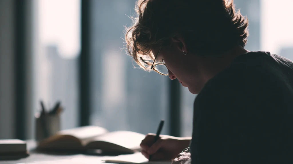 En person som sitter vid ett skrivbord och strategiskt planerar nästa steg i sin karriär.