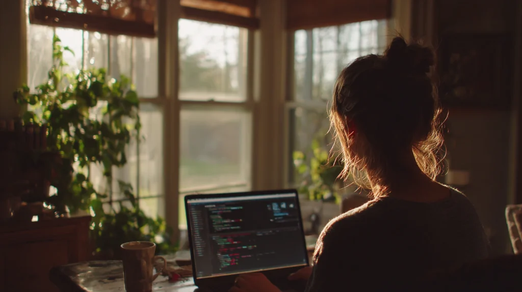 En person som sitter i en ljus miljö och fokuserat deltar i en onlinekurs på sin laptop