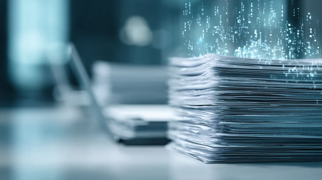 En stiliserad bild som visar hur repetitiva administrativa uppgifter, som pappersarbete, omvandlas till ett digitalt, automatiserat flöde.