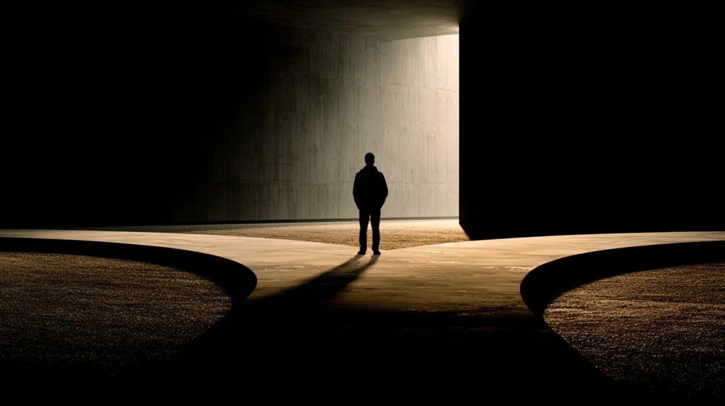 En person som står vid ett vägskäl och reflekterar över sitt nästa drag, symboliserar ett viktigt karriärbeslut.