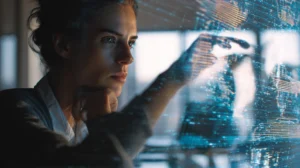 En person som arbetar vid ett skrivbord där en subtil grafisk representation av AI-dataflöden integreras med personens arbetsflöde.