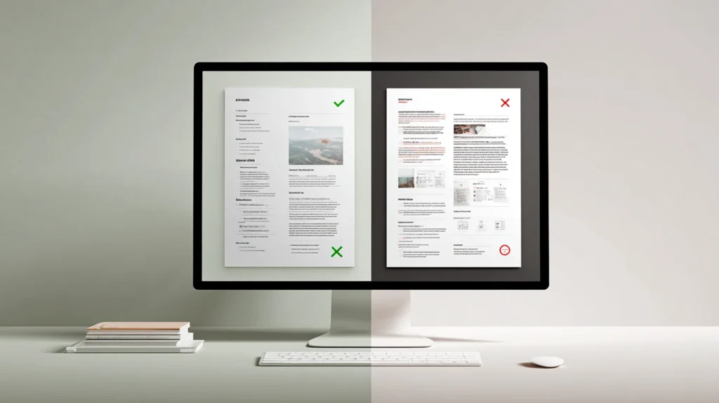 En grafisk representation av ett enkelt, ATS-vänligt CV-format bredvid ett rörigt format med en röd varningssymbol.