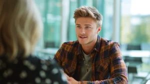 En ung, engagerad medarbetare från Gen Z som samarbetar med en kollega i en modern och ljus kontorsmiljö.