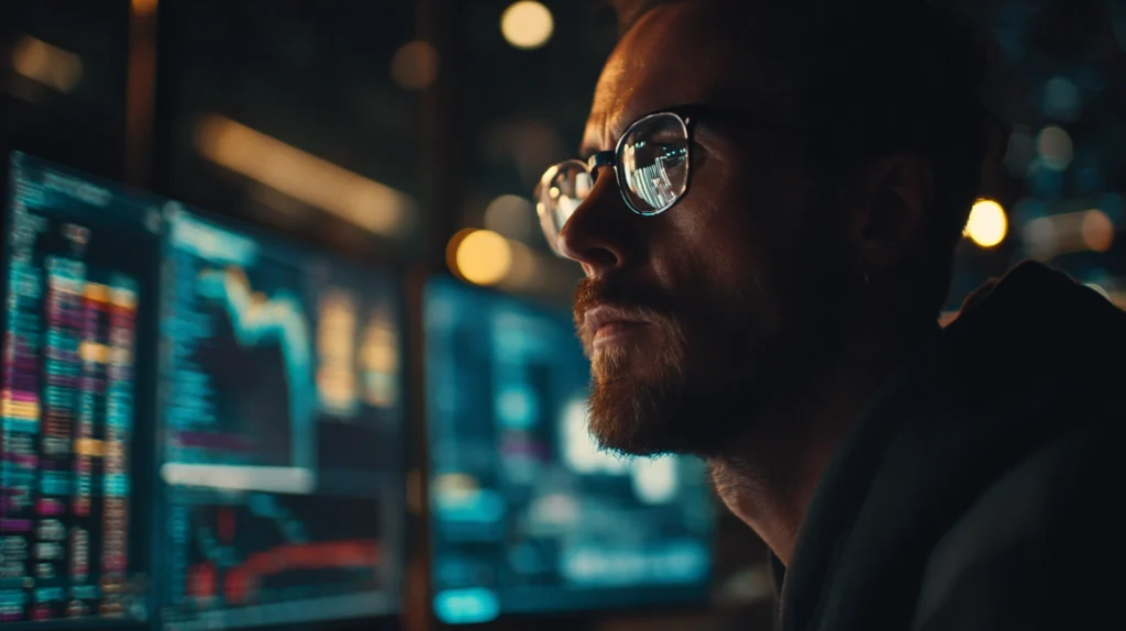 En cybersäkerhetsspecialist som arbetar fokuserat framför flera skärmar med komplex data i ett svagt upplyst rum.