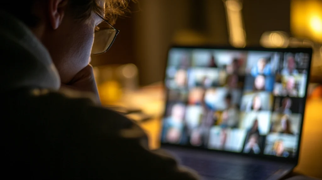 En student som deltar i en online-föreläsning eller ett seminarium via videosamtal på sin dator.