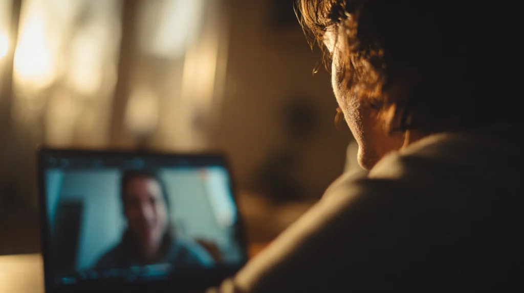 En närbild på en datorskärm som visar ett en-till-en-videosamtal där en chef lyssnar aktivt och empatiskt på en medarbetare.