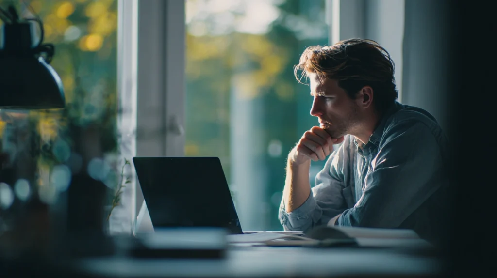 En person som gör research inför en löneförhandling vid ett skrivbord.