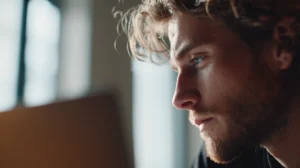 En person som fokuserat arbetar med sin LinkedIn-profil på en laptop i en ljus och modern miljö.