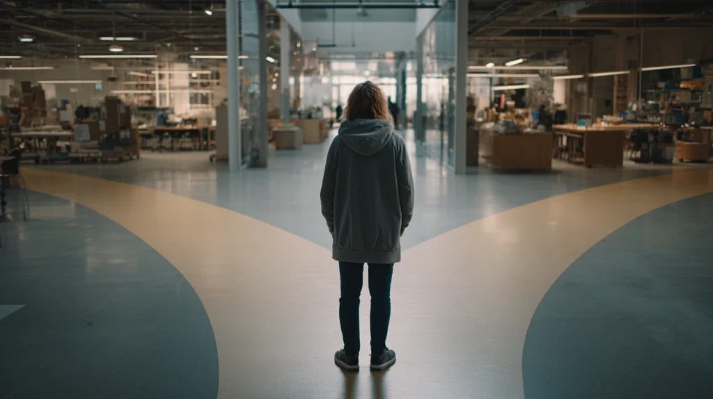 En person som står vid ett vägskäl med olika karriärvägar, symboliserar möjligheter till jobb utan utbildning.