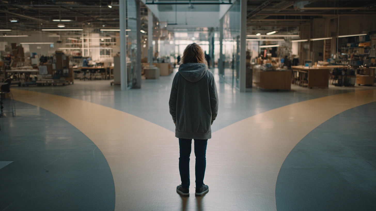 En person som står vid ett vägskäl med olika karriärvägar, symboliserar möjligheter till jobb utan utbildning.