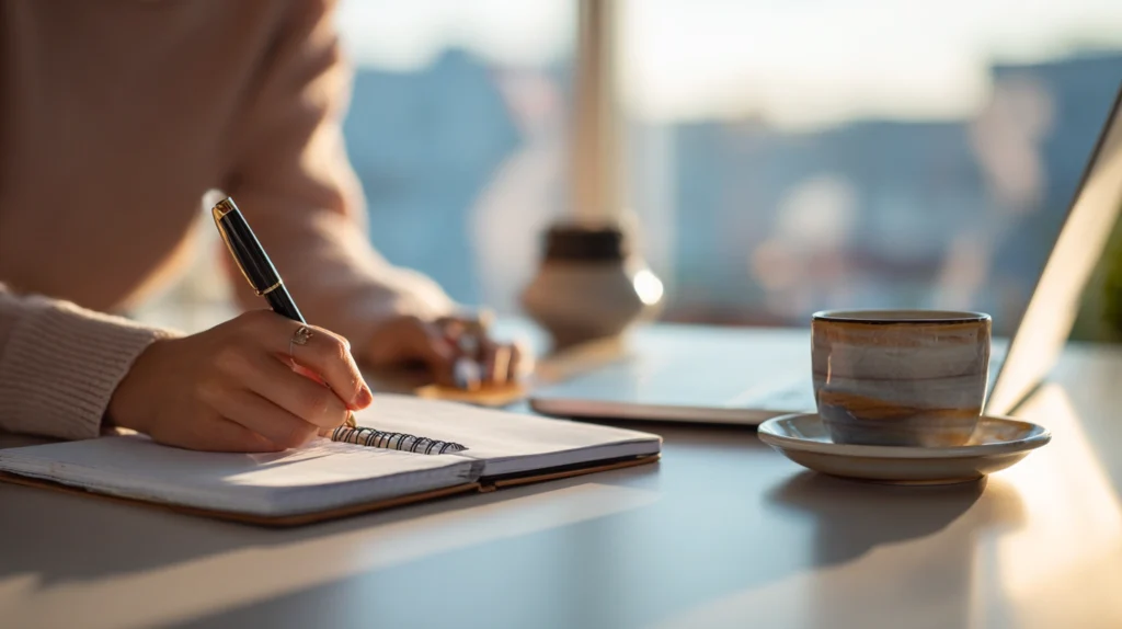 En person som sitter vid ett skrivbord och förbereder sig inför en jobbintervju med anteckningar och en laptop.