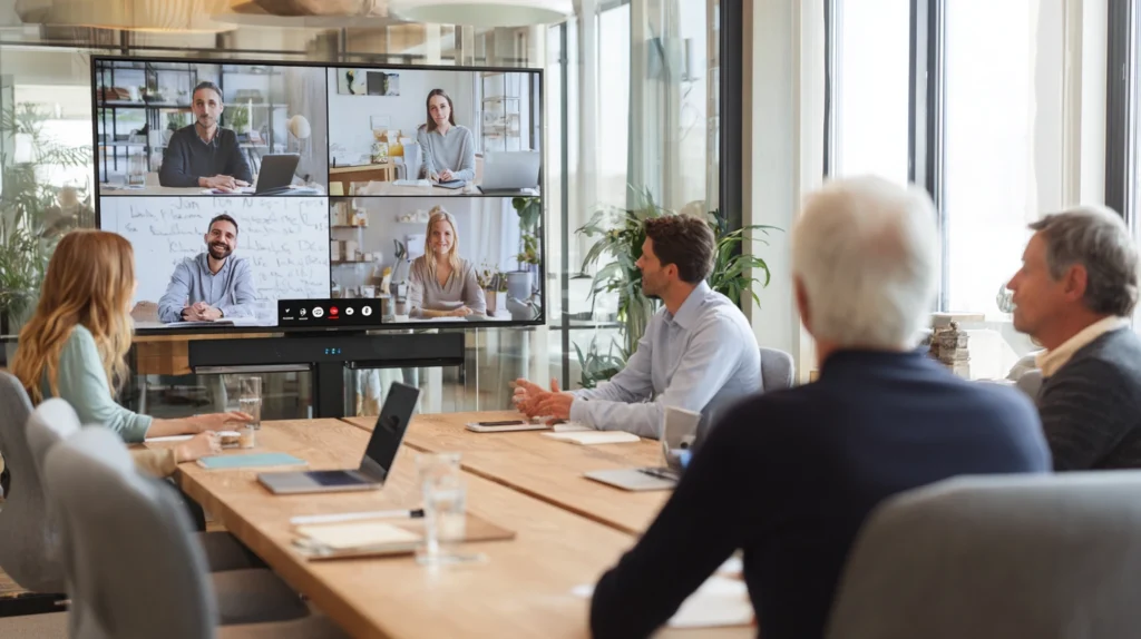 En ledare som faciliterar ett möte där vissa deltagare är fysiskt närvarande och andra syns på en stor skärm.