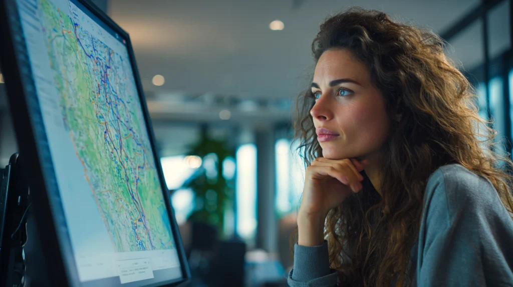 En logistikplanerare som arbetar vid ett skrivbord med en stor skärm som visar en karta med optimerade transportrutter.