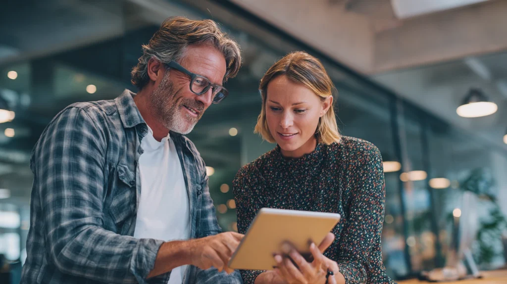 En senior och en junior kollega som sitter tillsammans och diskuterar ett projekt på en tablet, vilket illustrerar mentorskap.
