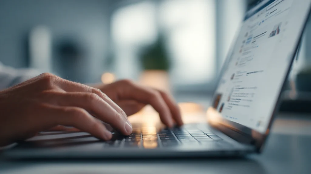 Närbild på en persons händer som skriver på ett tangentbord, med en suddig LinkedIn-profil i bakgrunden.