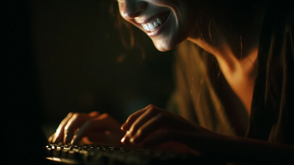 En person som skriver på ett tangentbord, med ett leende, vilket indikerar personligt engagemang.