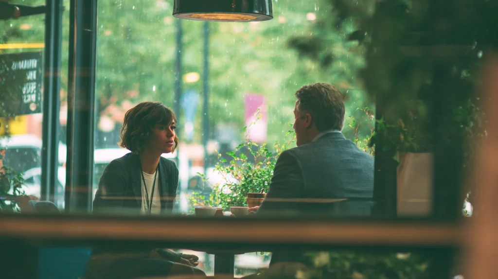 Två personer som har ett informellt men professionellt samtal över en kopp kaffe på ett ljust och modernt café.