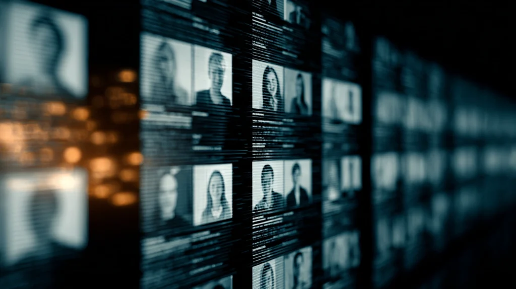 En visuell metafor för AI-bias där identiska profiler sorteras olika av en algoritm.