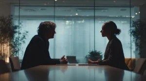 Två personer i en professionell och konstruktiv diskussion under en löneförhandling.