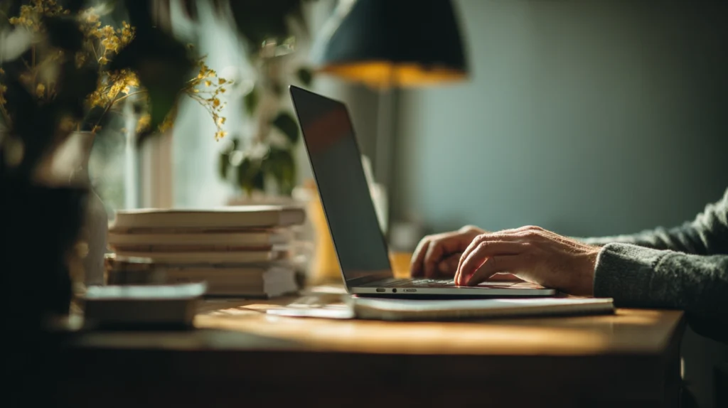 En person som sitter vid ett skrivbord hemma och planerar sina distansstudier med en laptop och anteckningsblock.
