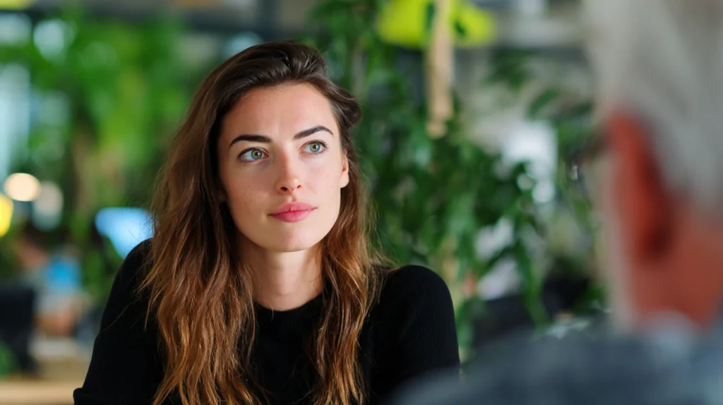 Två personer i en professionell och avslappnad konversation under en jobbintervju, fotograferat ur ett över-axeln-perspektiv.