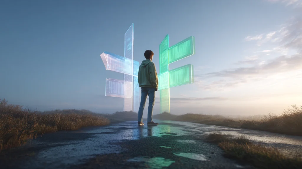 En person som står vid ett vägskäl med pilar som pekar mot olika karriärvägar som symboliserar framtidens jobb.