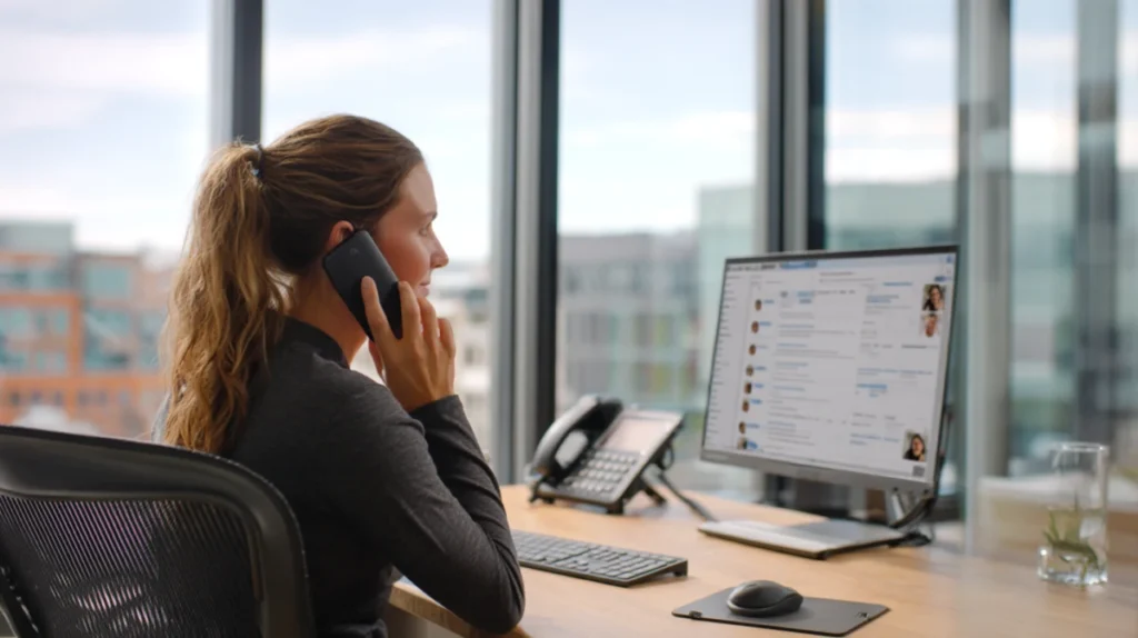 Rekryterare som pratar i telefon vid sitt skrivbord med kandidatprofiler synliga på datorskärmen