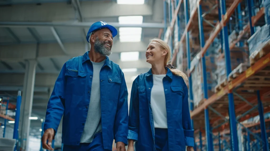 Person i arbetskläder som introduceras på en ny arbetsplats av en kollega