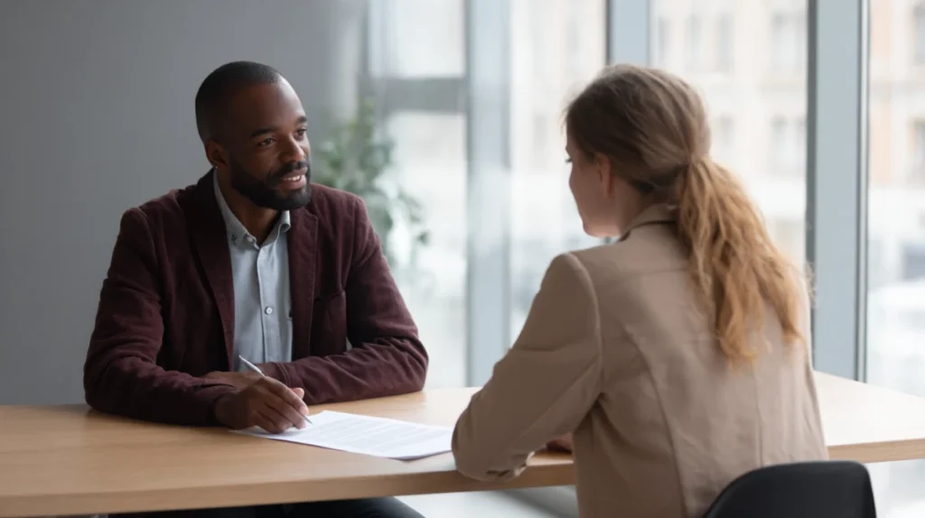 Rekryterare på bemanningsföretag som diskuterar en kandidats profil vid ett mötesbord