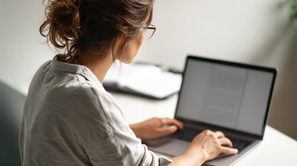 Person som gör en sista genomgång av sitt CV på en laptop innan ansökan skickas