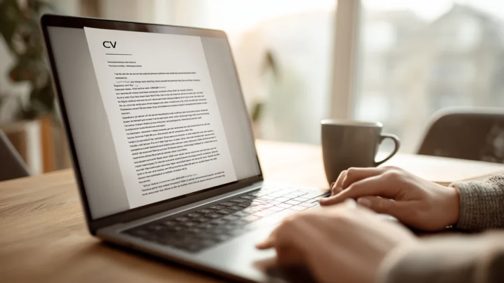 Laptop med CV-dokument öppet och redigeringsmarkeringar synliga