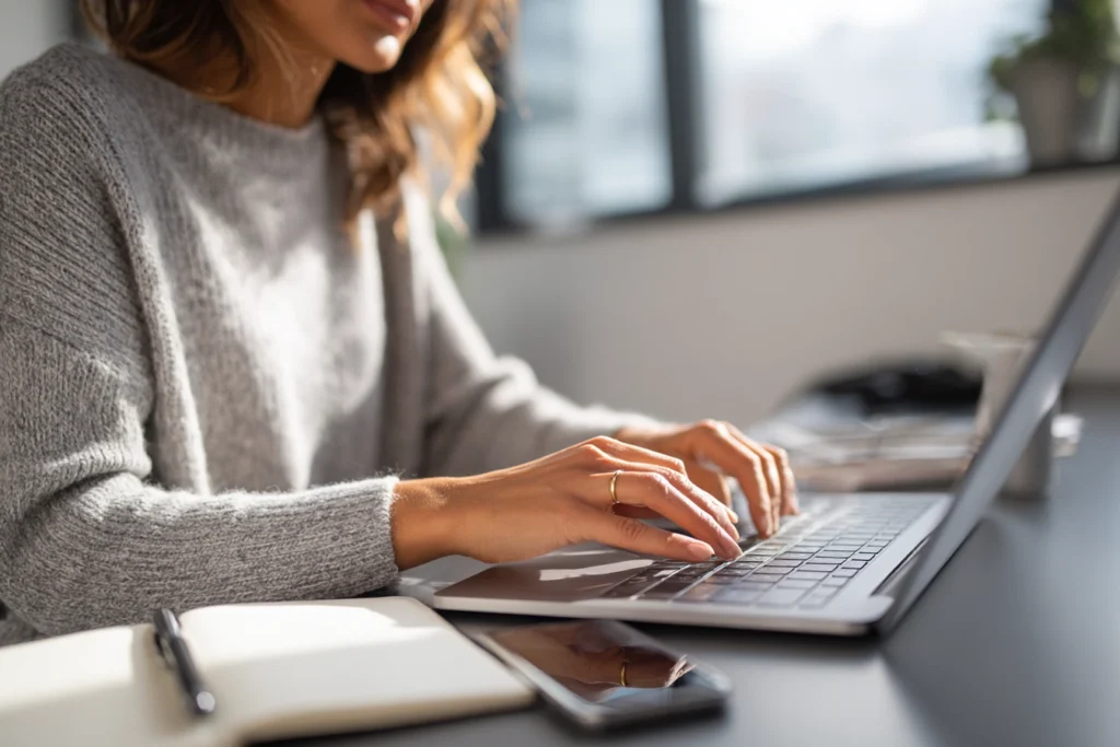 Person som sitter vid en laptop och skriver meddelanden till företag, med anteckningar och telefon bredvid sig