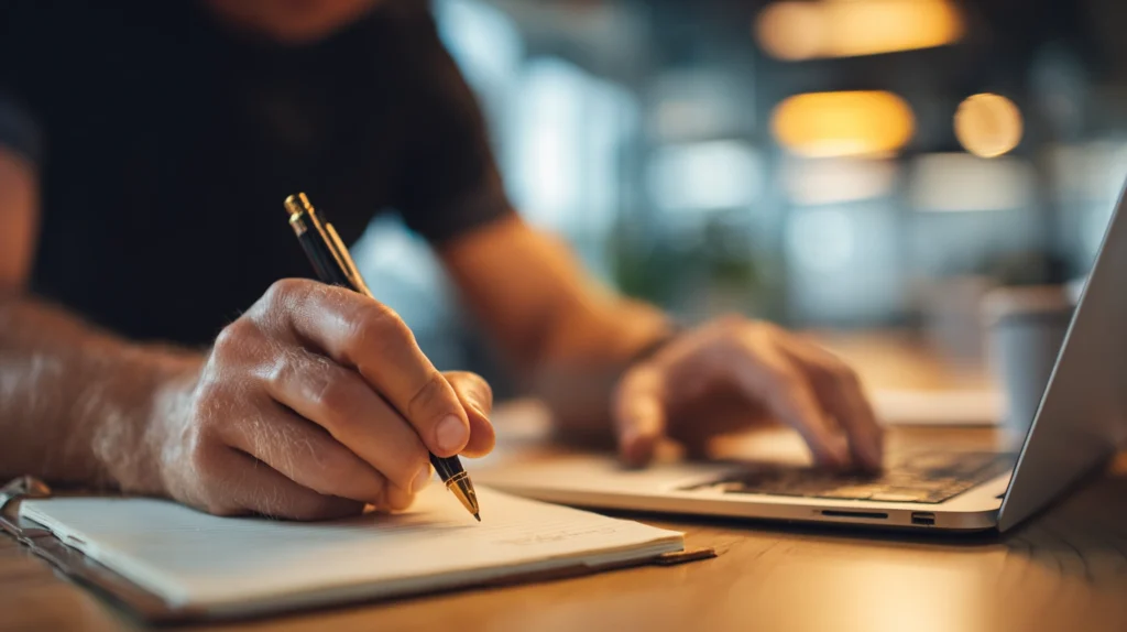 En närbild på en persons händer, där den ena håller i en penna över ett papper och den andra vilar på ett tangentbord, symboliserar erfarenhet och kunskap.