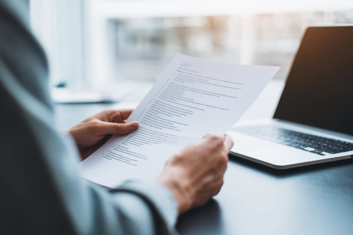 Person som granskar sitt CV vid ett skrivbord med laptop och anteckningar