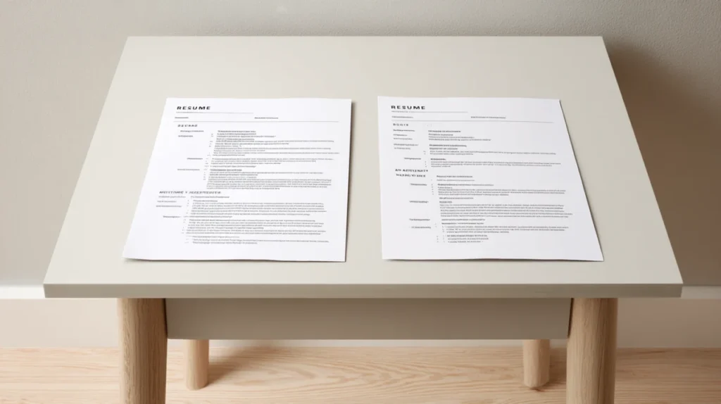 Två utskrivna CV-dokument sida vid sida som visar kronologiskt och funktionellt format