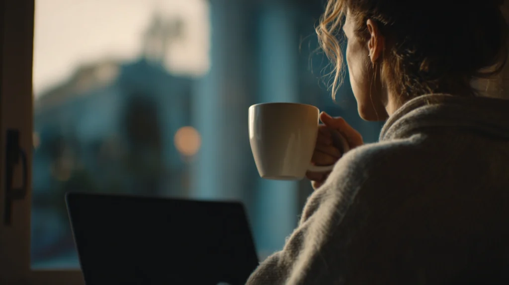 En person som tar en kort paus från sin laptop med en kopp kaffe, blickar ut genom ett fönster med ett eftertänksamt uttryck.