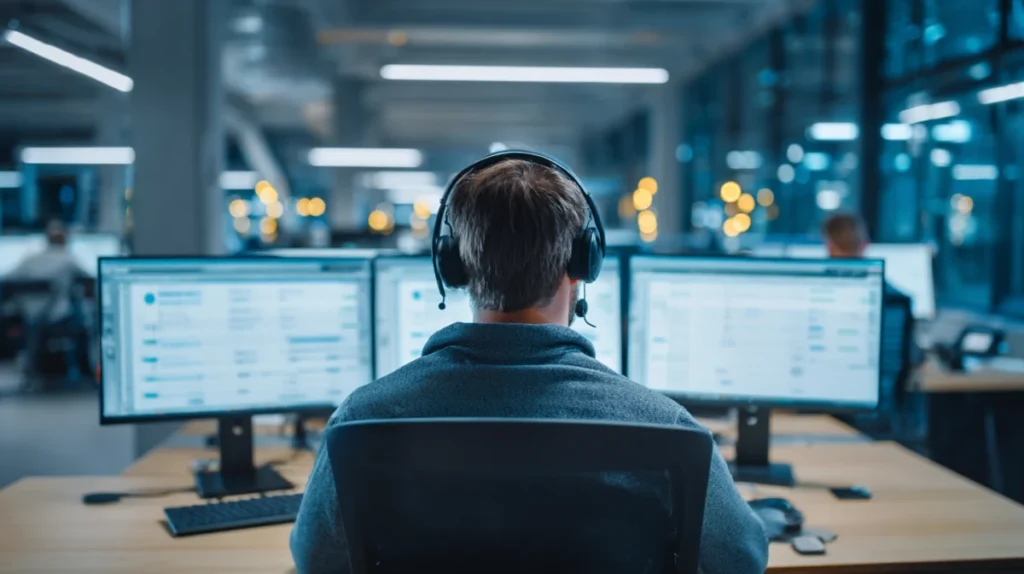 Person vid datorskärm med IT-supportverktyg i kontorsmiljö