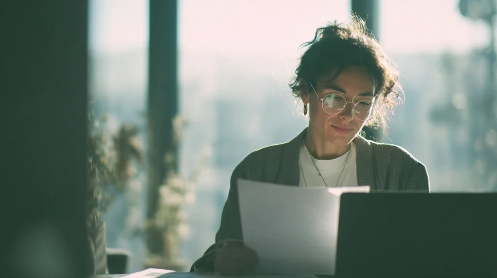 En person som noggrant granskar en enskild jobbansökan vid ett skrivbord, istället för en hög med papper.