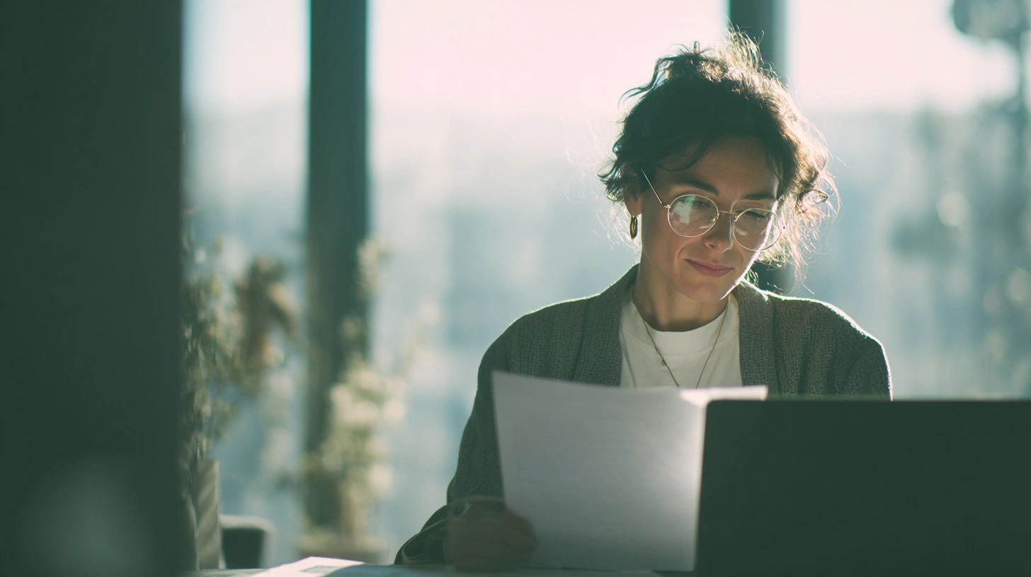 En person som noggrant granskar en enskild jobbansökan vid ett skrivbord, istället för en hög med papper.