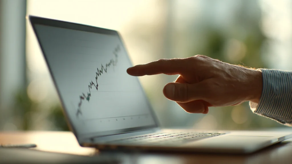 En person som analyserar en graf över löneutveckling på en datorskärm i ett modernt svenskt kontor.