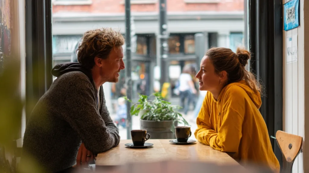 Två tidigare kollegor som pratar informellt vid ett kafé med kaffekoppar på bordet