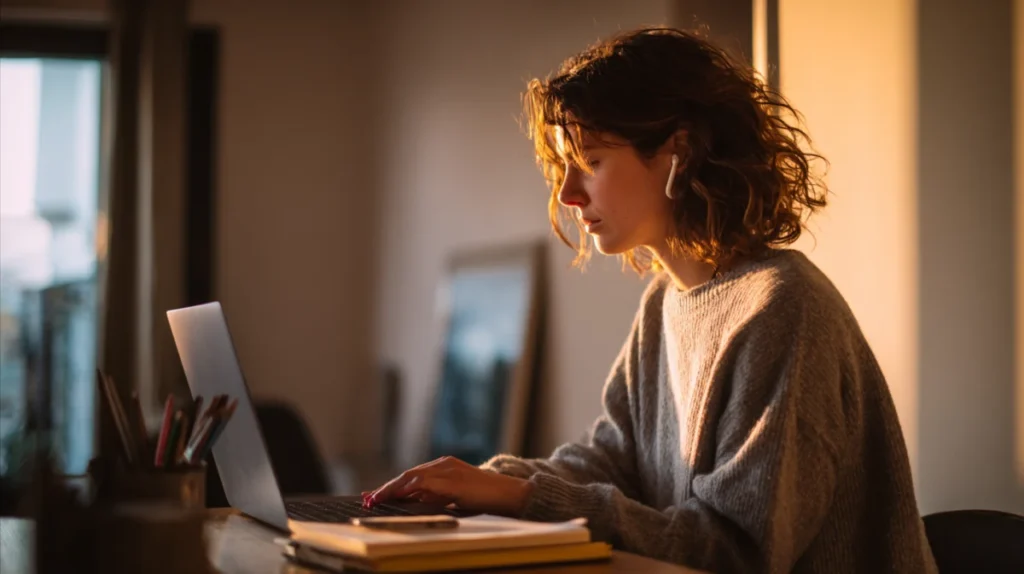 Person som studerar en onlinekurs vid en laptop för att fylla en lucka i CV:t