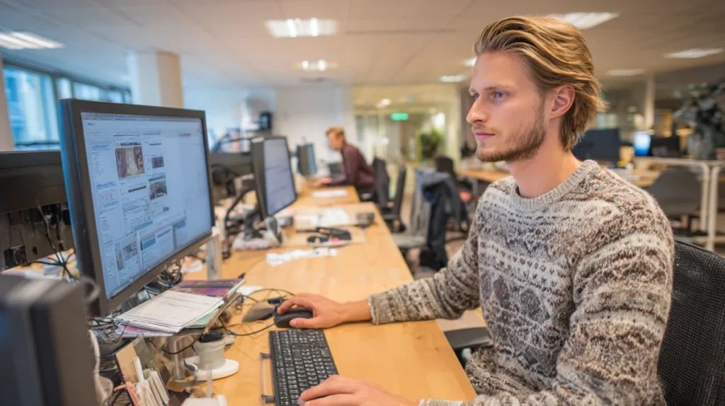 En rekryterare som skriver en jobbannons på sin dator på ett kontor i stockhlm
