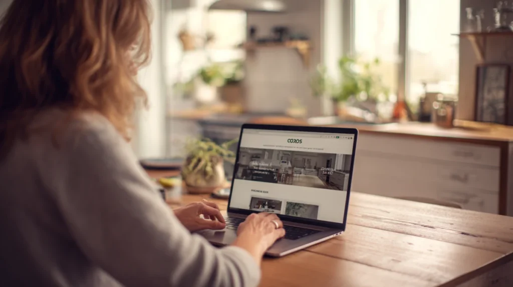 Person som läser om ett företag på en webbplats på sin laptop som förberedelse inför jobbansökan