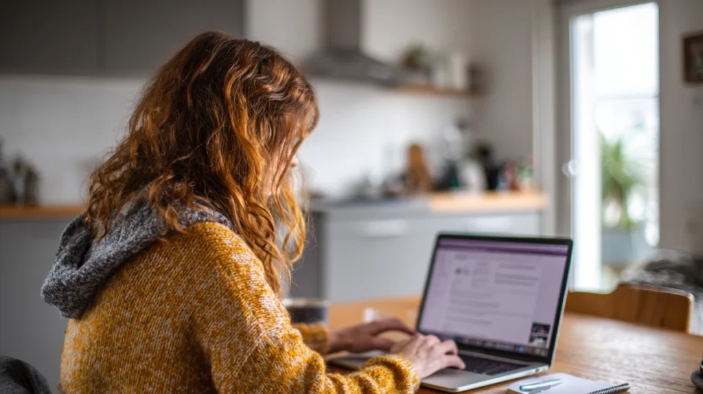 Person som undersöker ett företags karriärsida på en bärbar dator med anteckningsblock bredvid