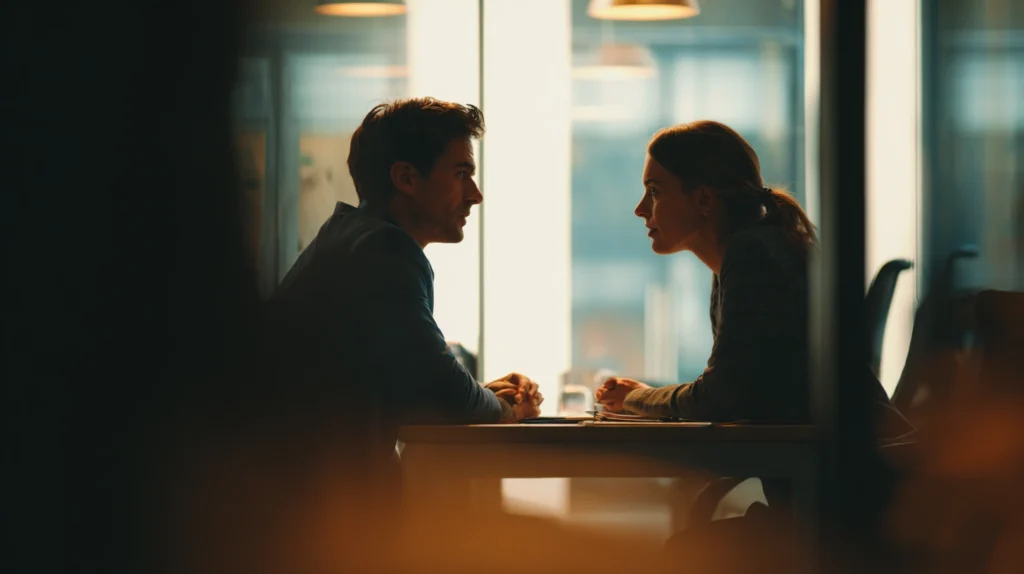 Två personer i en professionell och konstruktiv diskussion över ett bord, som representerar en lyckad löneförhandling.