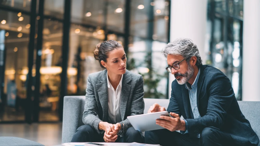 Två personer i ett professionellt möte som granskar ett dokument som beskriver en rekryteringsprocess.