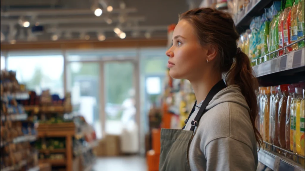 Ung butiksmedarbetare som fyller på varor i en svensk matbutik