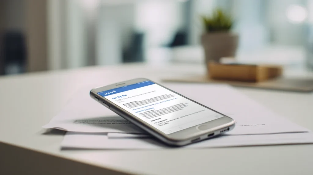 Telefon med jobbnotis bredvid ett CV på ett skrivbord