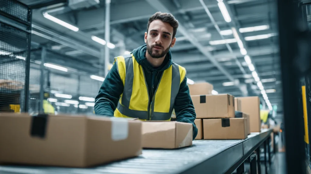 Lagerarbetare som sorterar paket i ett logistikcenter